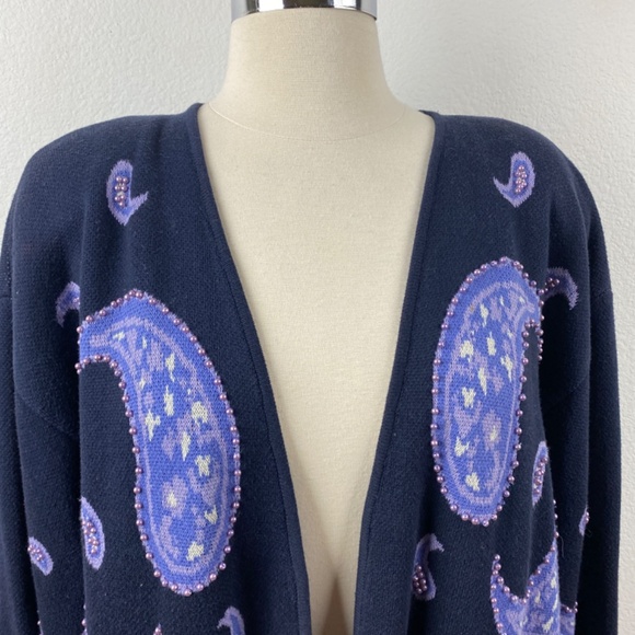 Vintage 80s Knit Cardigan Large Open Pappagallo Dark Blue Purple Beaded Paisley - Picture 2 of 9